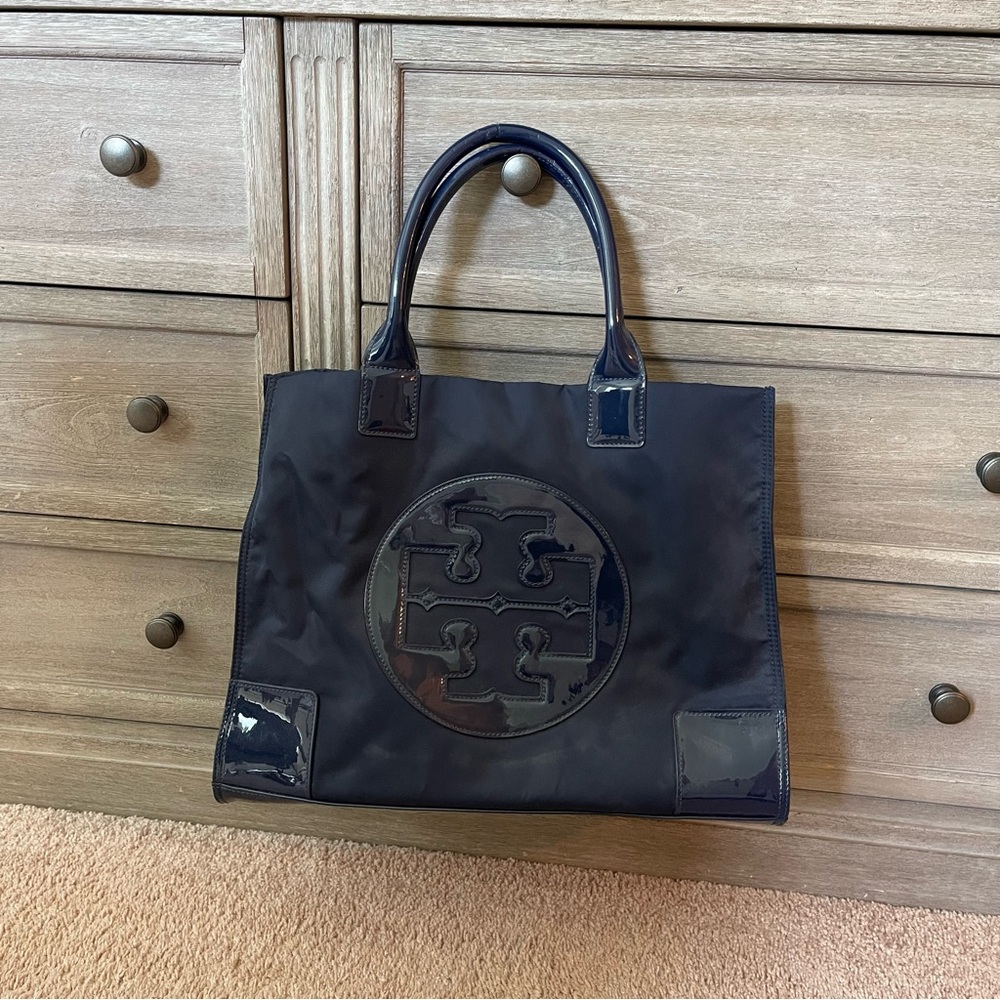 Tory Burch Navy Nylon Logo Tote with Patent Trim